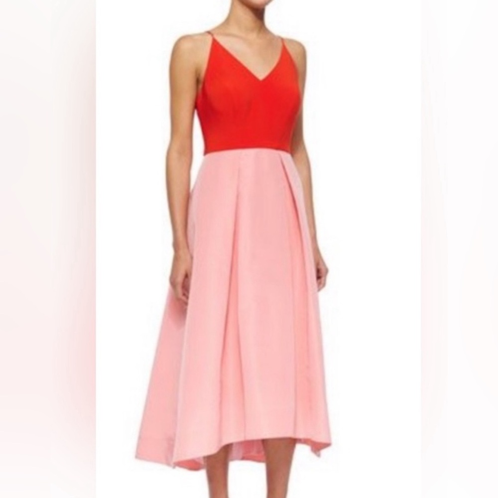 Phoebe sleeveless v-neck fit/flare dress. Orange top Pink taffeta skirt size 10